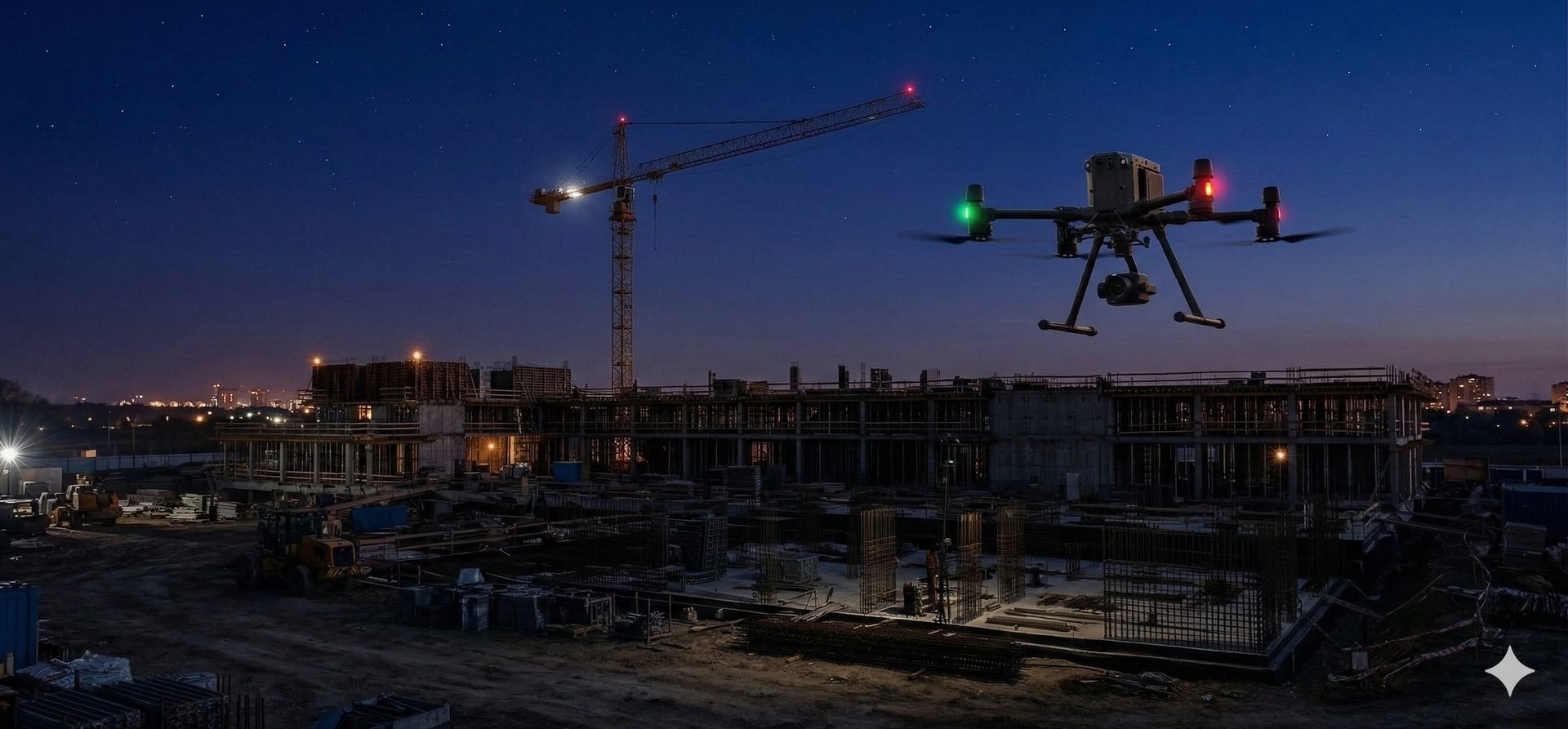 Dron nad rozestavěným areálem s jeřáby za soumraku