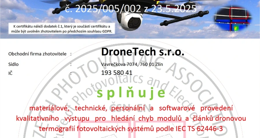 DroneTech posouvá laťku: oficiálně certifikovaná dronová termografie fotovoltaiky s AI