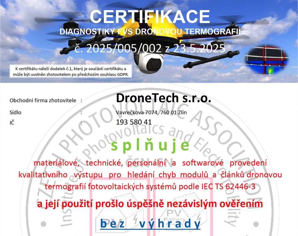 DroneTech posouvá laťku: oficiálně certifikovaná dronová termografie fotovoltaiky s AI